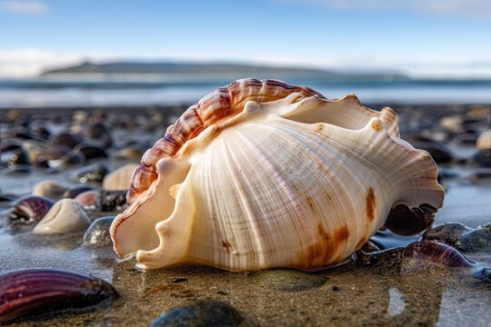 beachcomber finds beautiful shell amidst the sand and seaweed, created with generative ai