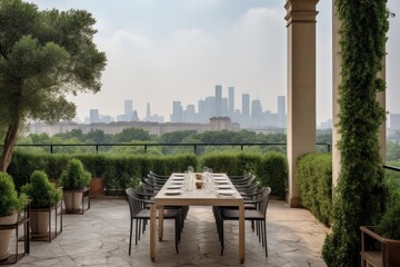 Fototapeta na wymiar dining on terrace, surrounded by greenery and a view of the city skyline, created with generative ai