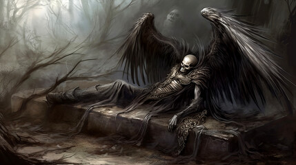 Fallen Angel. Skeleton with black wings - obrazy, fototapety, plakaty