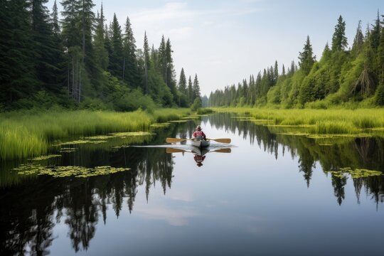 person, paddling solo canoe through calm lake, with nature and wildlife in the background, created with generative ai
