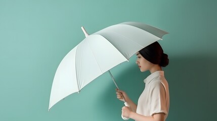 Women stand with white blank umbrella opened. Template mock up isolated on color background. Female person hold clear parasol overhead. Plain surface. Generative AI.
