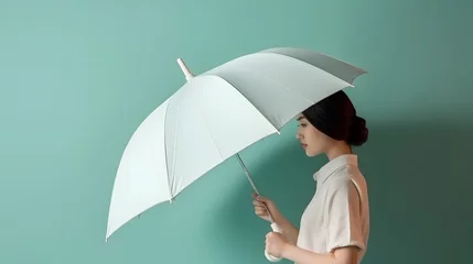 Fotobehang Women stand with white blank umbrella opened. Template mock up isolated on color background. Female person hold clear parasol overhead. Plain surface. Generative AI. © ckybe