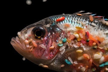 microplastics in a fish's stomach, with digestive juices visible, created with generative ai