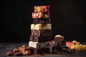 tower of gourmet chocolate bars with different fillings and flavors, created with generative ai