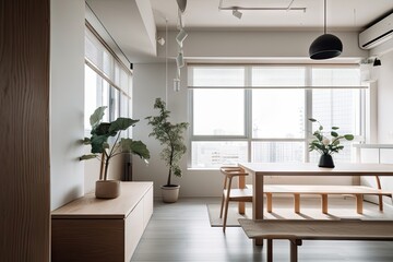 modern japanese interior with minimalist, industrial and scandinavian influences, created with generative ai