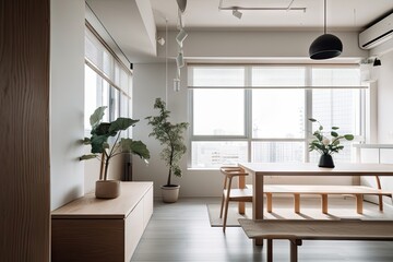 Fototapeta premium modern japanese interior with minimalist, industrial and scandinavian influences, created with generative ai