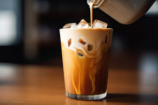 iced coffee latte, drizzled with warm caramel sauce, created with generative ai