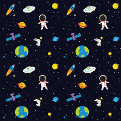 Seamless pattern with space elements, star. Creative nursery background. Perfect for kids design, fabric, wrapping, wallpaper, textile. Vector background.