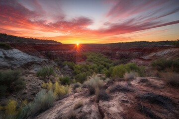 fiery canyon sunset, with the sun peeking over the horizon, casting a warm glow on the landscape, created with generative ai