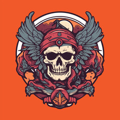 Gothic skull with wings and axes. Hand drawn vector illustration