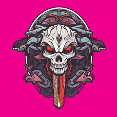 Skull with a dagger on a pink background. Vector illustration