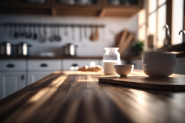 Fototapeta na wymiar Kitchen workspace with wooden table top.Generative AI.