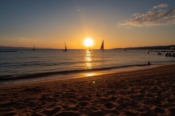 golden beach, with view of sunset, and sailboats on the horizon, created with generative ai