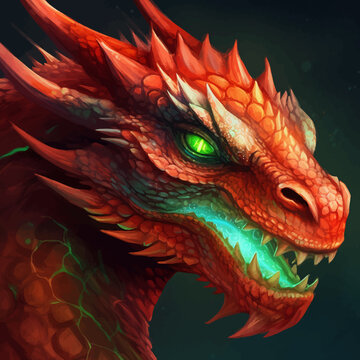 Head of a Fantasy Evil Red dragon with glowing glowing green eyes. Fierce and majestic Mythical creature. Fearsome and awe-inspiring beast. Ancient monster. 3D Digital painting. Art