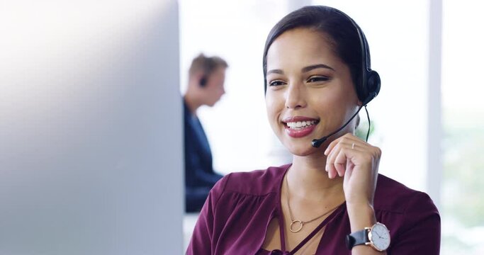 Call center, talking and woman consulting on a computer, help desk employee and online support. Telemarketing communication, consultant and a customer service worker speaking while on a pc for advice