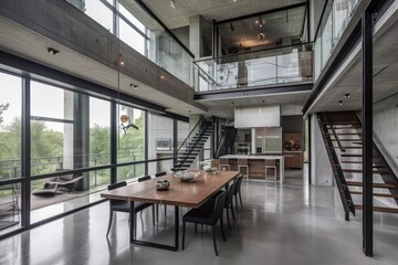 contemporary industrial home with sleek, minimalist design and concrete floors, created with generative ai