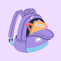 Kids backpack with study supplies. Colorful schoolbag with textbooks, copybooks and ruler. Hand drawn vector illustration isolated on purple background. Modern flat cartoon style