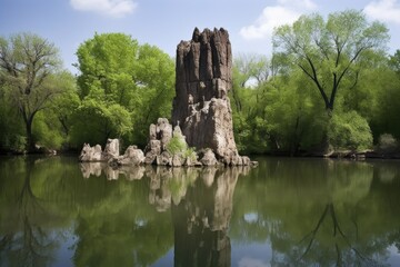 Fototapeta na wymiar natural rock formation towering over a tranquil pond, created with generative ai