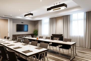 Fototapeta premium corporate meeting room with sleek tables and chairs, whiteboard, and projector, created with generative ai