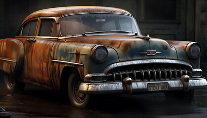 Fototapeta na wymiar a rusted vintage car in abandoned building, generative ai
