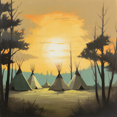 tribal tents on a beautiful landscape painting