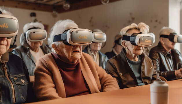 A group of elderly people playing bingo in a rundown and decrepit nursing home, with a modern and sleek virtual reality headset on each of their heads, generative ai
