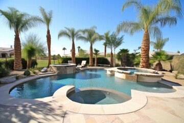 oasis with swimming pool and hot tub surrounded by palm trees and desert, created with generative ai