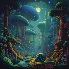 mushroom trees forest illustration Generative Ai