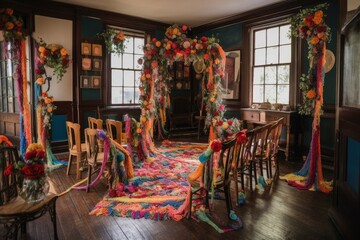 Fototapeta na wymiar ceremony set up with intricate floral arrangements and colorful ribbons, created with generative ai