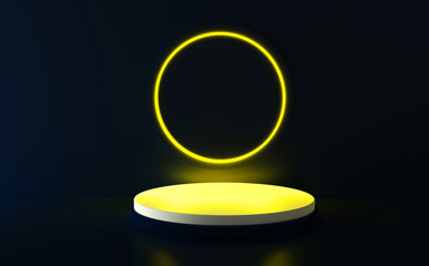 Blue realistic 3d cylinder stand podium with glowing neon in circle shape. Abstract 3D Rendering rendering geometric forms. Minimal scene. Stage showcase, Mockup product display.