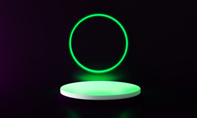 Green realistic 3d cylinder stand podium with glowing green neon in circle shape. Abstract 3D Rendering geometric forms. Minimal scene. Stage showcase, Mockup product display.