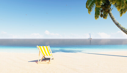 Beautiful beach. Chair on the beach near the sea. 3d rendering. Summer vacation and vacation concept for tourism. Inspiring tropical landscape.