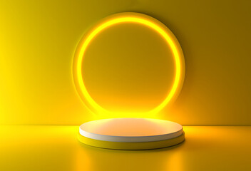 Yellow realistic 3d cylinder stand podium with glowing yellow neon in circle shape. Abstract 3D Rendering geometric forms. Minimal scene. Stage showcase, Mockup product display.