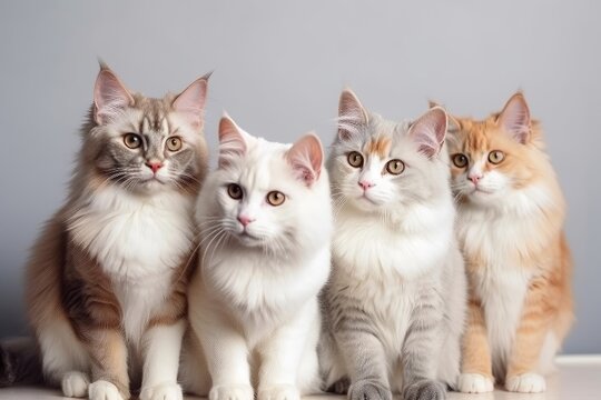 group of cats sitting and looking at camera, united in their love for one another, created with generative ai