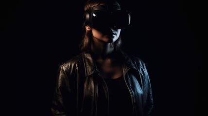 Young woman using virtual reality glasses against a dark technological backdrop. Generative AI.