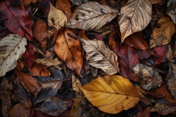 close-up of fallen leaves, with the texture and colors visible, created with generative ai