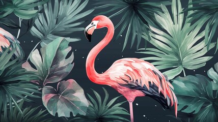 Fototapeta premium Tropical background with flamingos and palm leaves, a summer holiday. Generative AI.