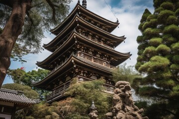 Obraz premium close-up of japanese pagoda, showcasing intricate details and patterns, created with generative ai