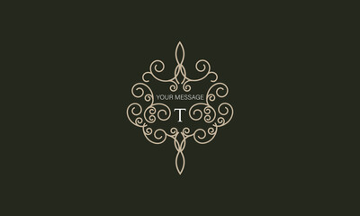 Elegant logo with elements of calligraphic elegant ornament and letter T. Identity design for shop or cafe, store, restaurant, boutique, hotel, heraldic shop, fashion, etc.