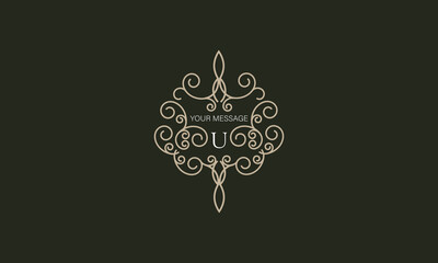 Elegant logo with elements of calligraphic elegant ornament and letter U. Identity design for shop or cafe, store, restaurant, boutique, hotel, heraldic shop, fashion, etc.