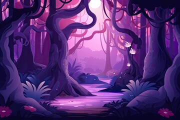 dark purple forest with magical creatures and fairies in the trees, created with generative ai