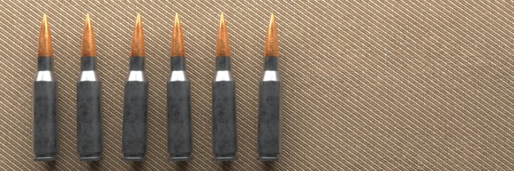 Ammunition for automatic weapons. Cartridges for the machine gun. 3D render