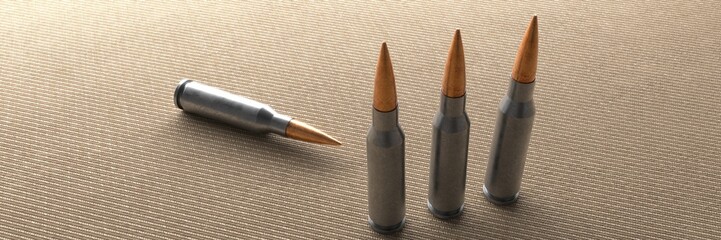 Ammunition for automatic weapons. Cartridges for the machine gun. 3D render