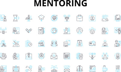 Mentoring linear icons set. Learning, Guidance, Coaching, Support, Advise, Experience, Sharing vector symbols and line concept signs. Leadership,Development,Empowerment illustration Generative AI
