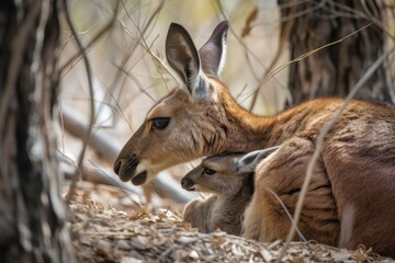 Fototapeta premium kangaroo mother, with her joey clinging to her and nuzzling against her, created with generative ai