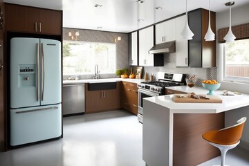 mid-century modern kitchen, with sleek, clean lines and eclectic mix of retro and contemporary appliances, created with generative ai