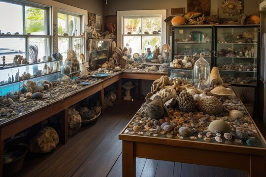 curio shop with display of beachcombing treasures and other curiosities, created with generative ai