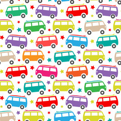 Small bright colorful multicolored campers and stars isolated on white background. Cute seamless pattern. Vector simple flat graphic illustration. Texture.