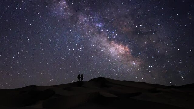 Couple on the Sand Dunes With Milky Way Time Lapse