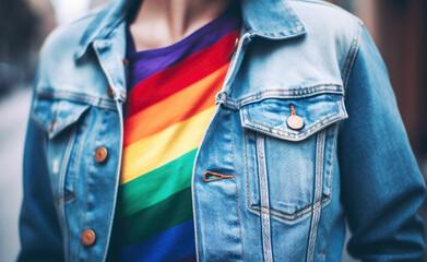 A young girl wearing a blue denim jacket and a rainbow t-shirt. AI generative